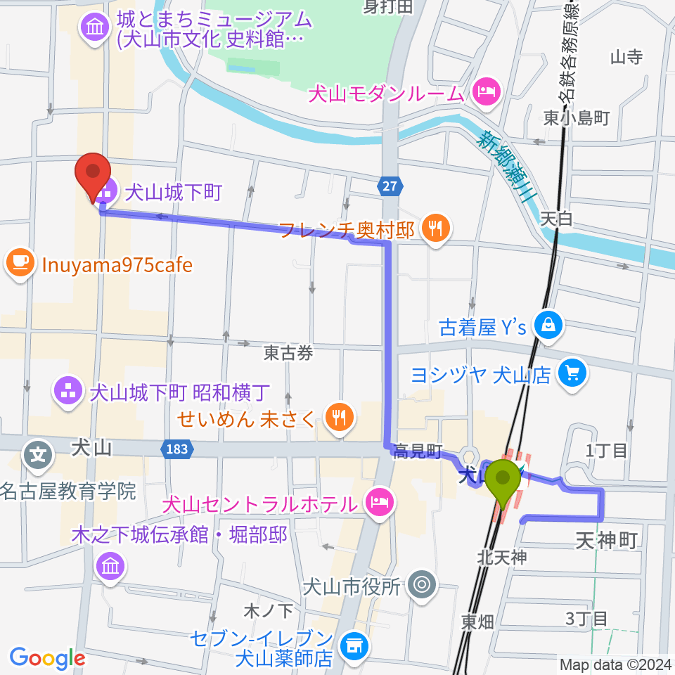 愛知北エフエム United North 84.2の最寄駅犬山駅からの徒歩ルート（約12分）地図