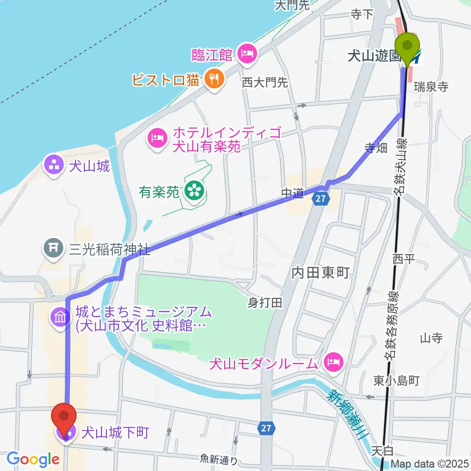 犬山遊園駅から愛知北エフエム放送へのルートマップ地図