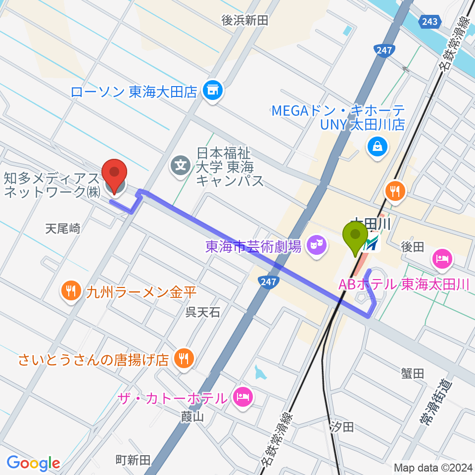 メディアスエフエムの最寄駅太田川駅からの徒歩ルート（約8分）地図