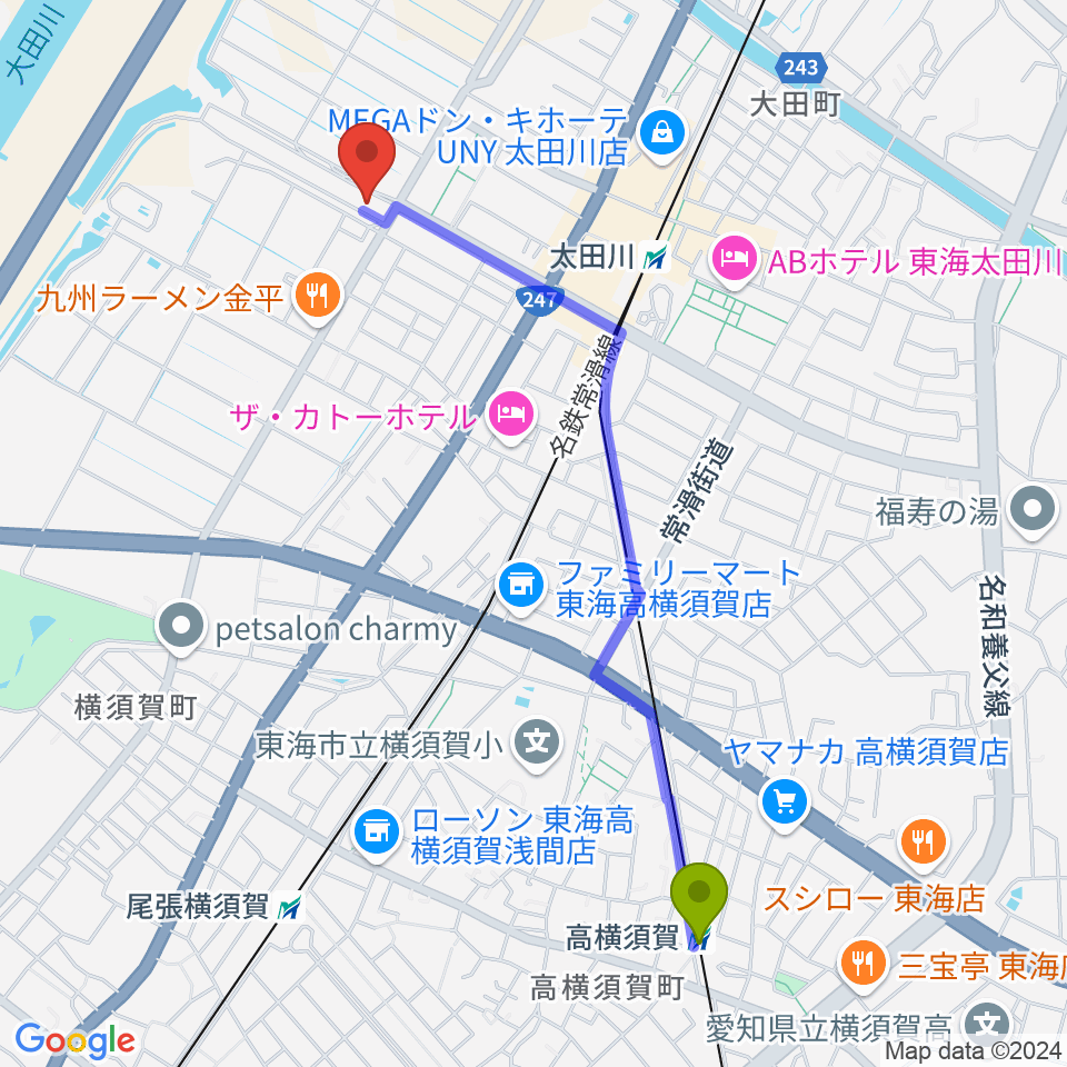 高横須賀駅からメディアスエフエムへのルートマップ地図