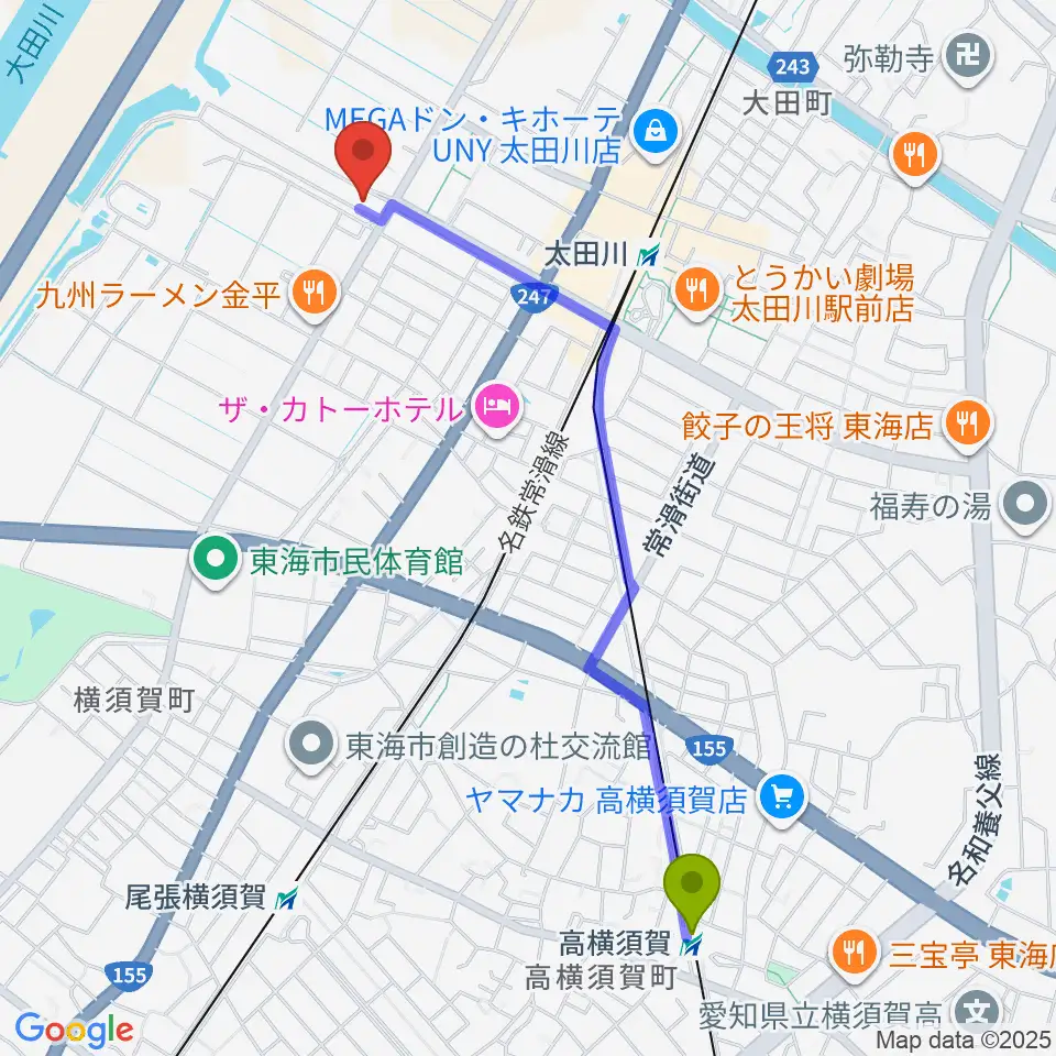 高横須賀駅からメディアスエフエムへのルートマップ地図