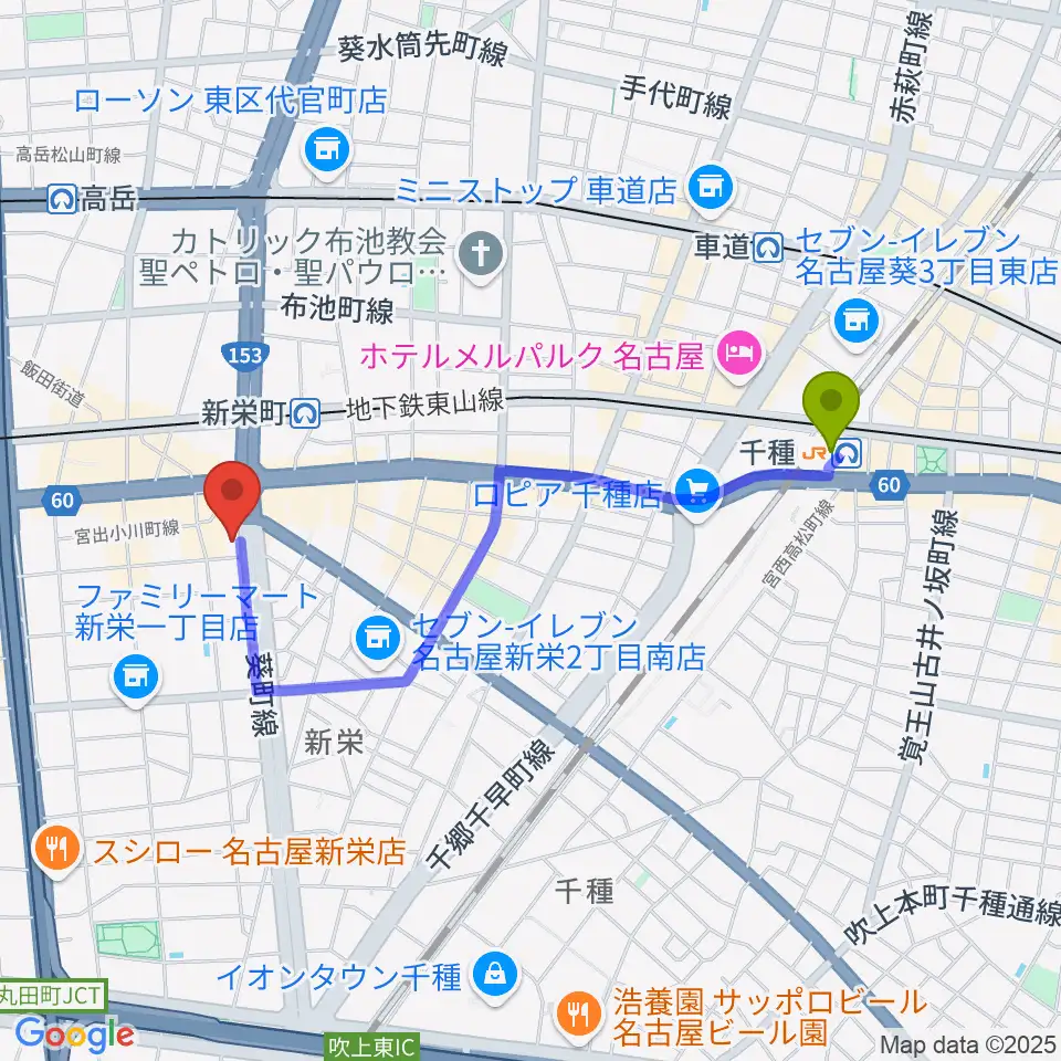 千種駅からMID-FM761へのルートマップ地図