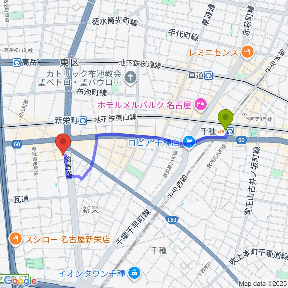 千種駅からMID-FM761へのルートマップ地図