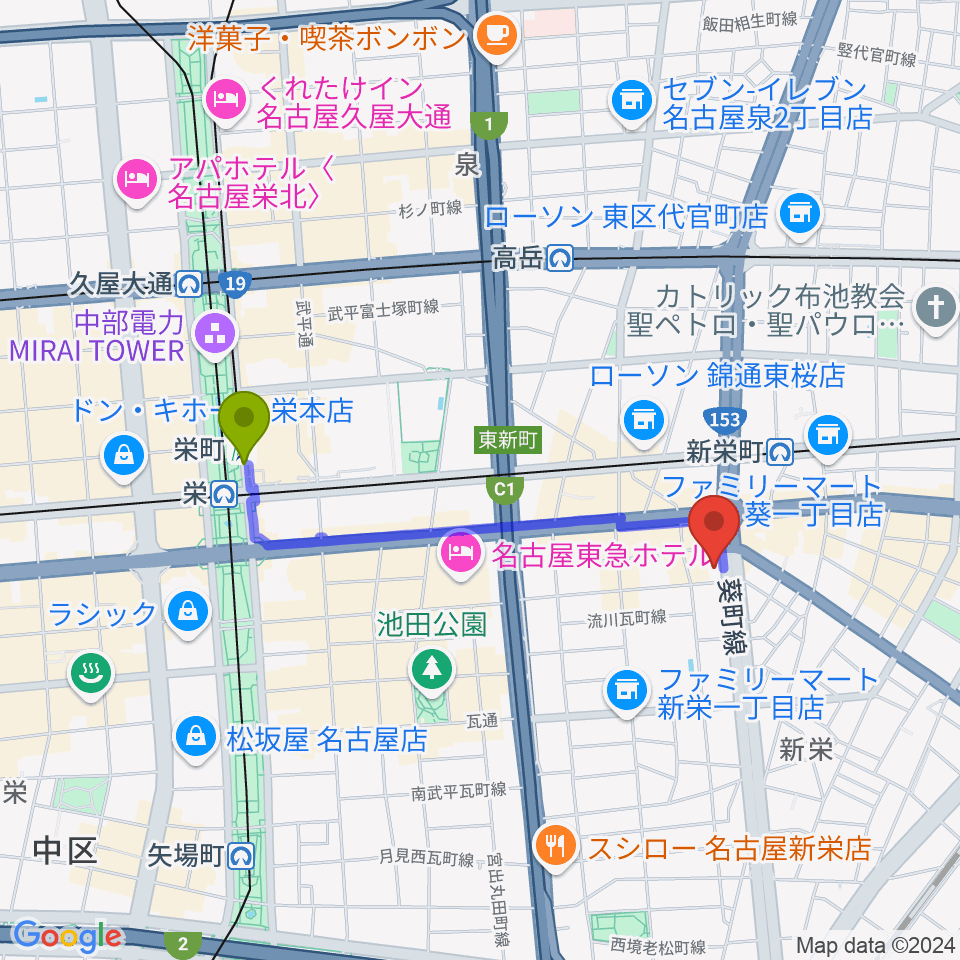 栄町駅からMID-FM761へのルートマップ地図