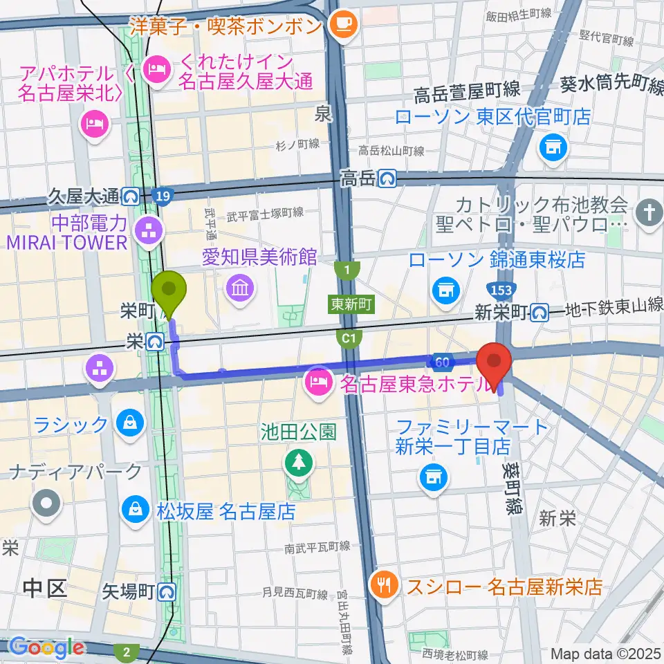 栄町駅からMID-FM761へのルートマップ地図