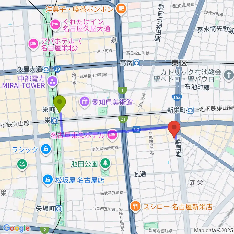 栄町駅からMID-FM761へのルートマップ地図