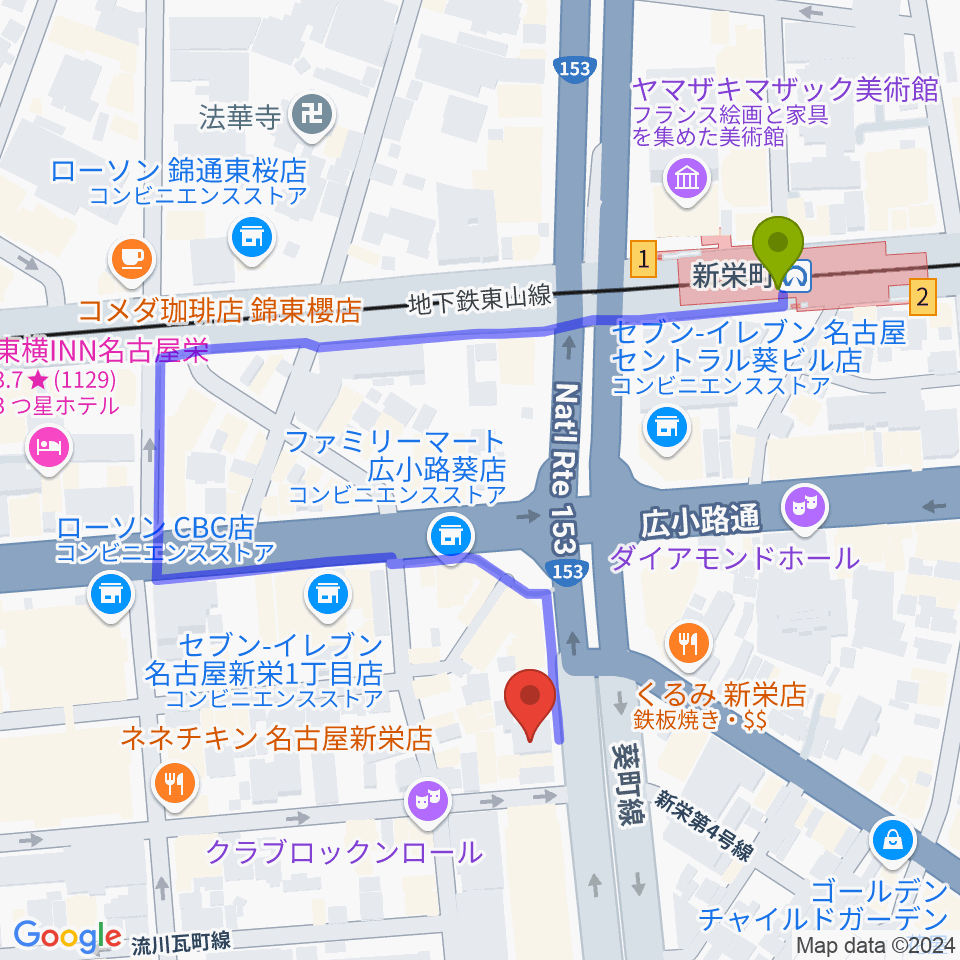 MID-FM761の最寄駅新栄町駅からの徒歩ルート（約4分）地図