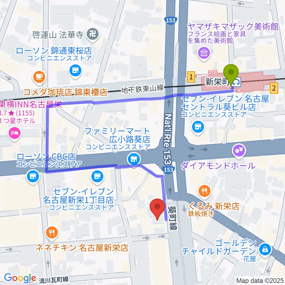 MID-FM761の最寄駅新栄町駅からの徒歩ルート（約4分）地図