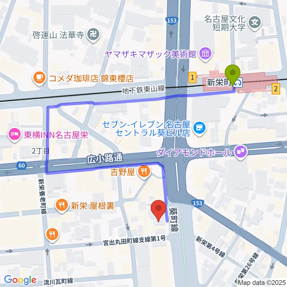 MID-FM761の最寄駅新栄町駅からの徒歩ルート（約4分）地図