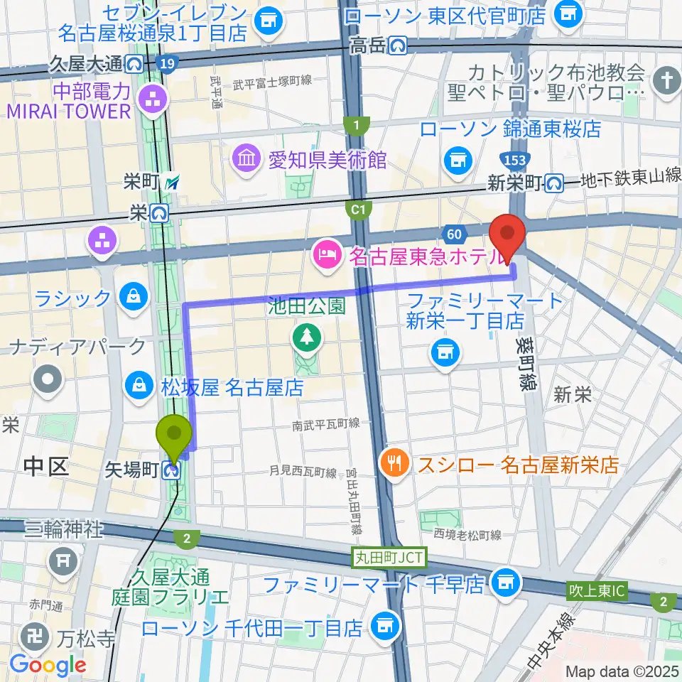 矢場町駅からMID-FM761へのルートマップ地図