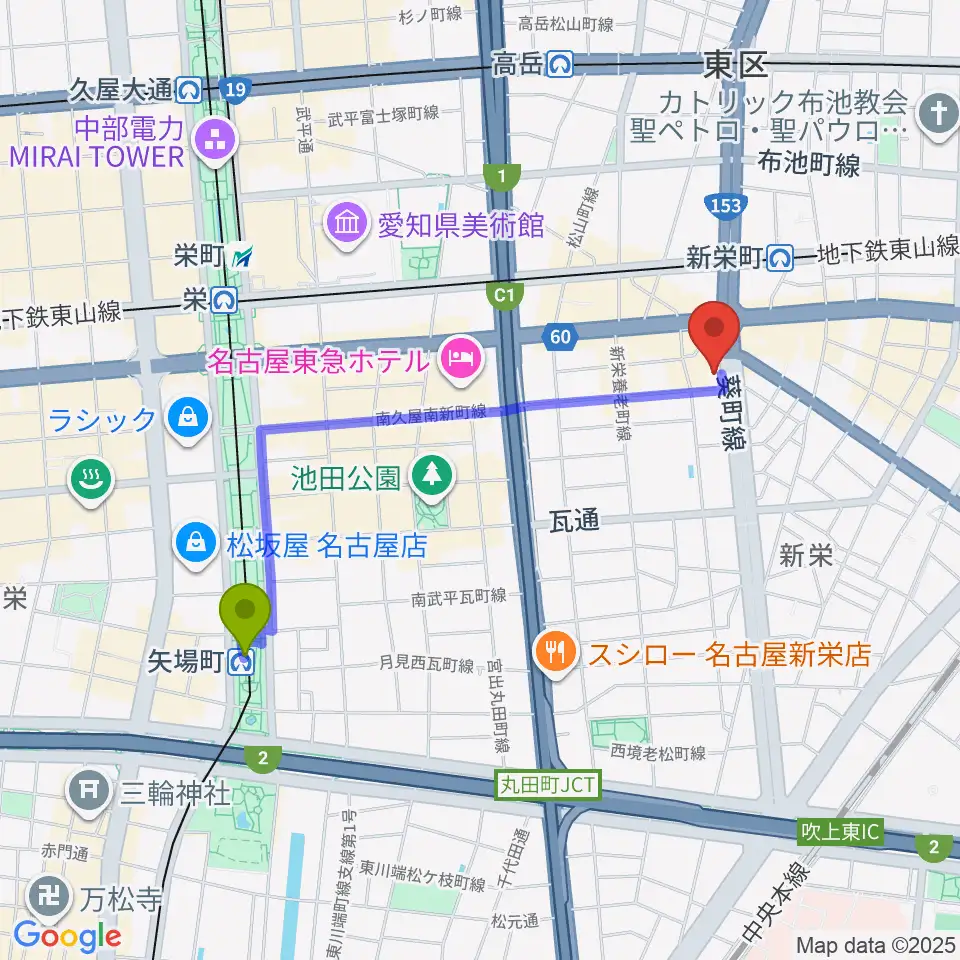 矢場町駅からMID-FM761へのルートマップ地図