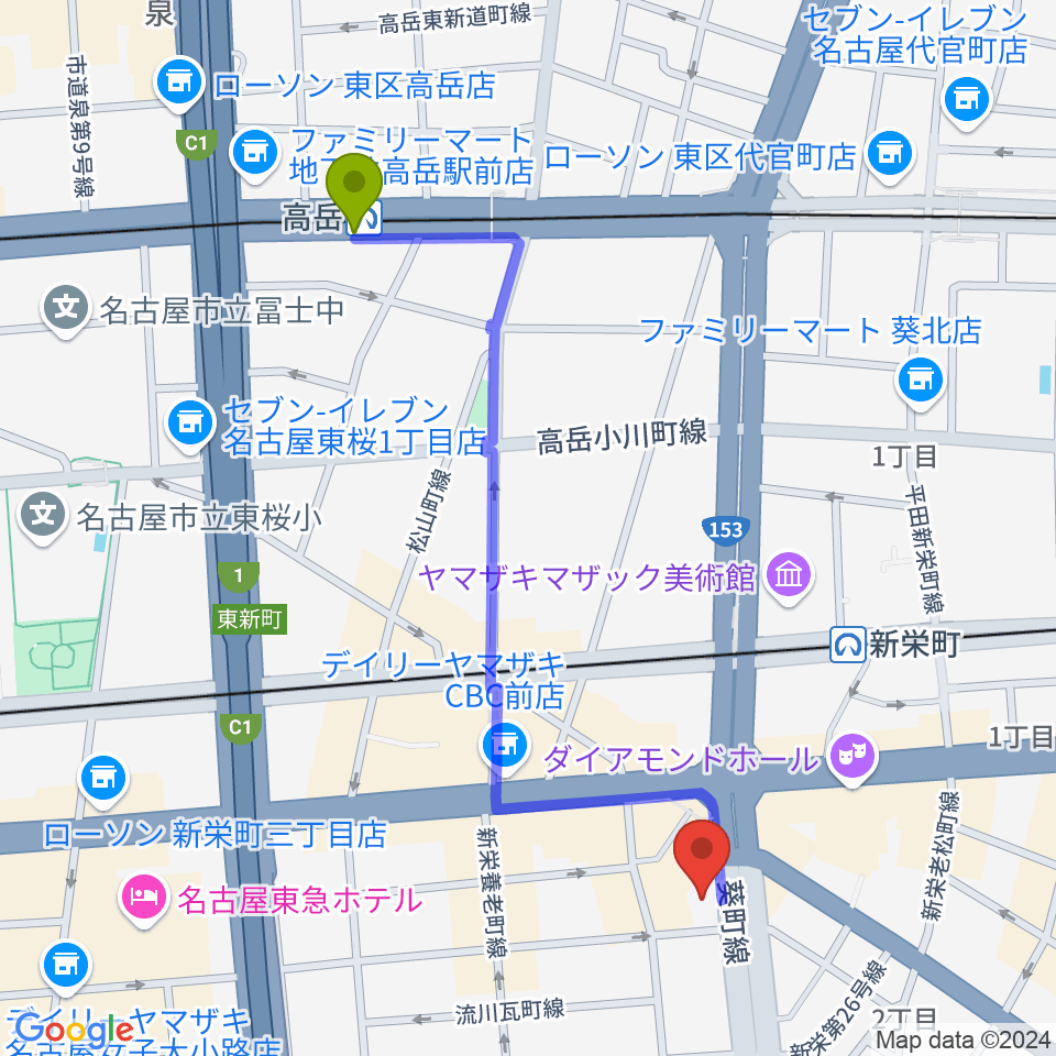 高岳駅からMID-FM761へのルートマップ地図