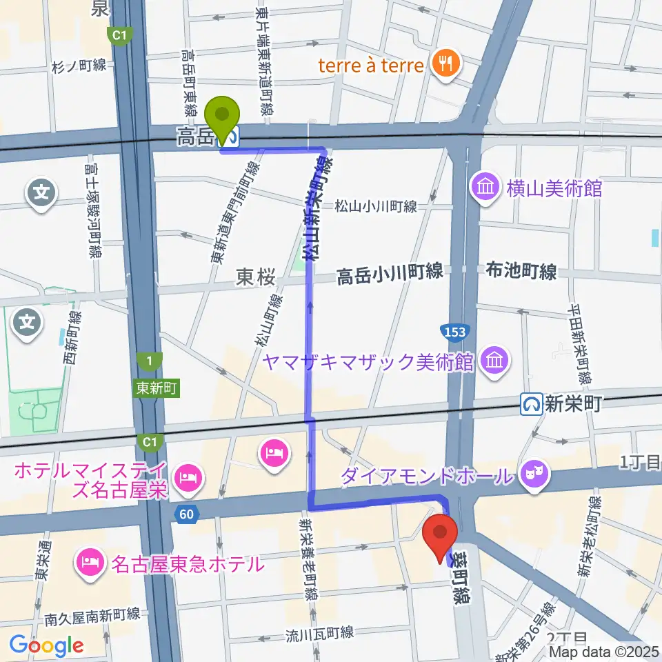 高岳駅からMID-FM761へのルートマップ地図