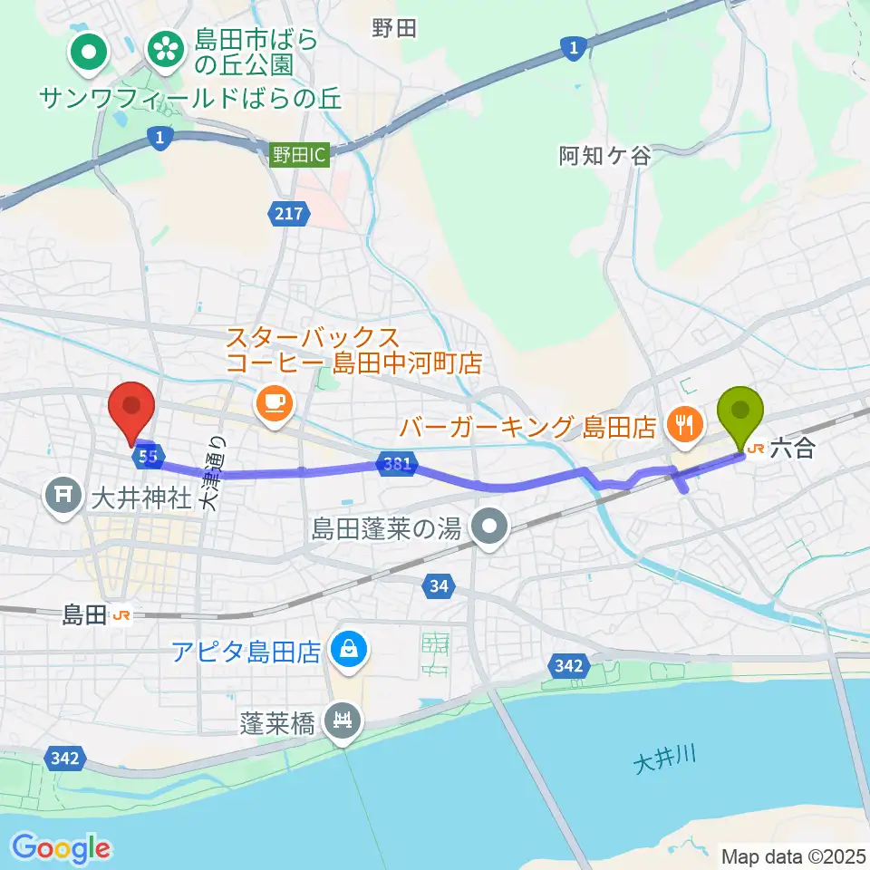 六合駅からFM島田へのルートマップ地図