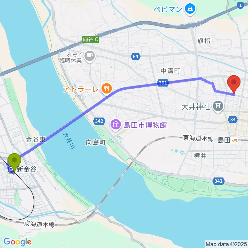 新金谷駅からFM島田へのルートマップ地図