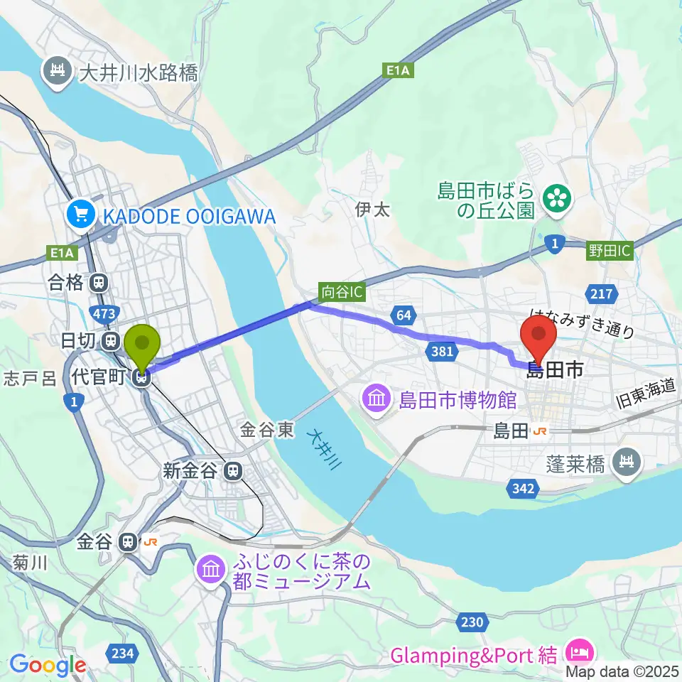 代官町駅からFM島田へのルートマップ地図