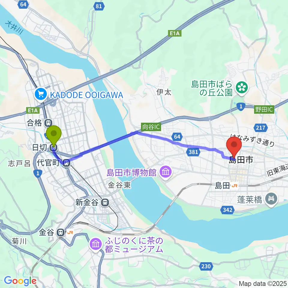 日切駅からFM島田へのルートマップ地図