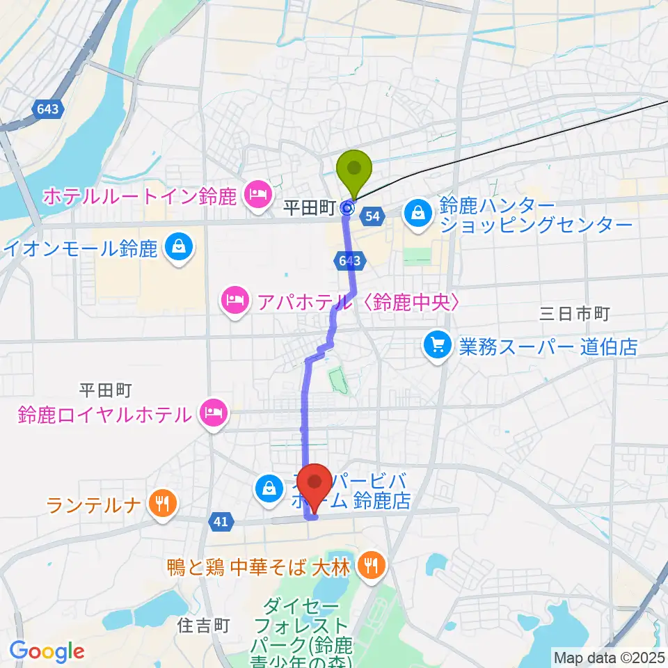 スズカ・ヴォイスFMの最寄駅平田町駅からの徒歩ルート（約30分）地図