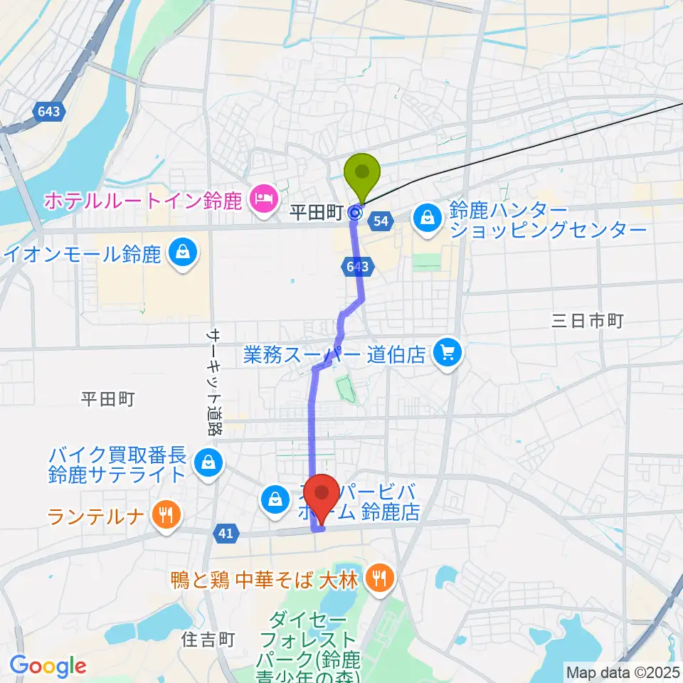 鈴鹿ヴォイスFMの最寄駅平田町駅からの徒歩ルート（約30分）地図