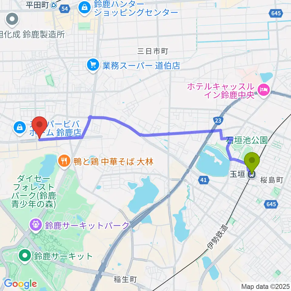 玉垣駅からスズカ・ヴォイスFMへのルートマップ地図