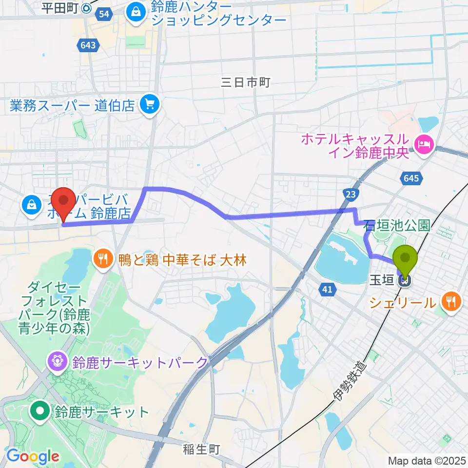 玉垣駅から鈴鹿ヴォイスFMへのルートマップ地図