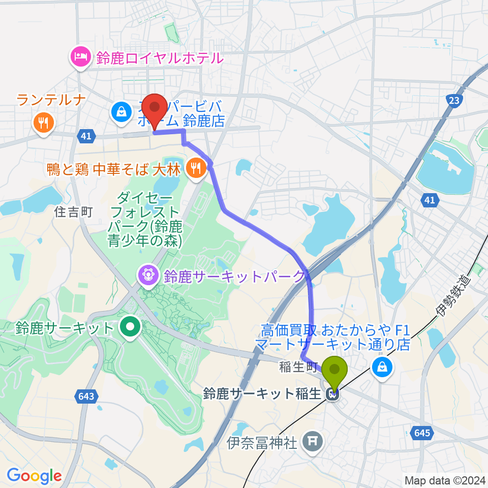 鈴鹿サーキット稲生駅からスズカ・ヴォイスFMへのルートマップ地図