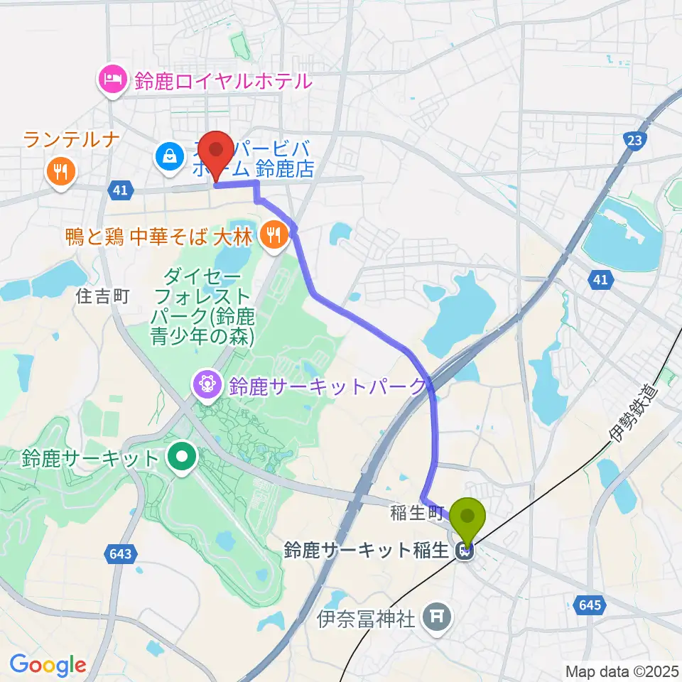 鈴鹿サーキット稲生駅からスズカ・ヴォイスFMへのルートマップ地図