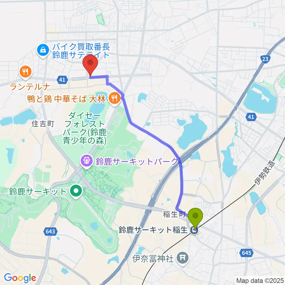 鈴鹿サーキット稲生駅から鈴鹿ヴォイスFMへのルートマップ地図