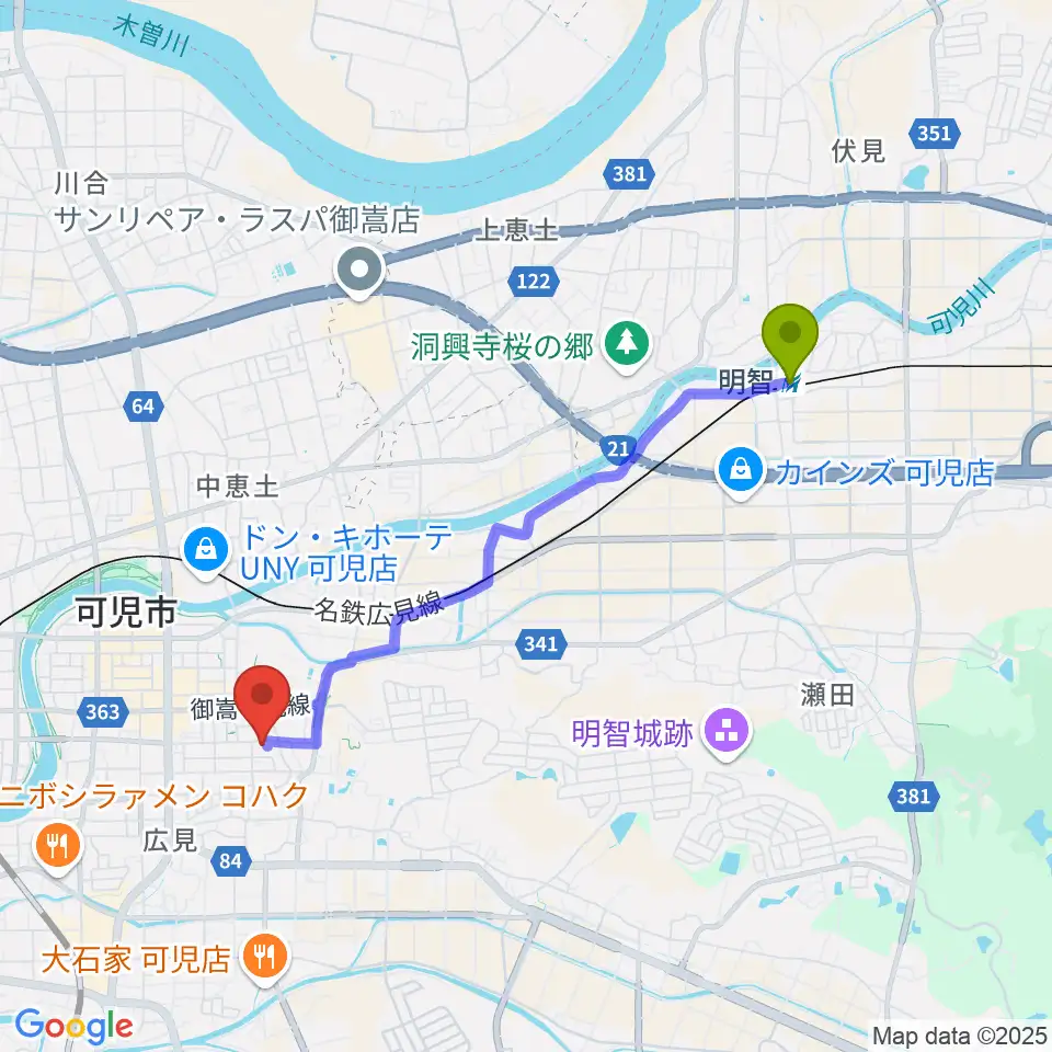 明智駅からFMららへのルートマップ地図
