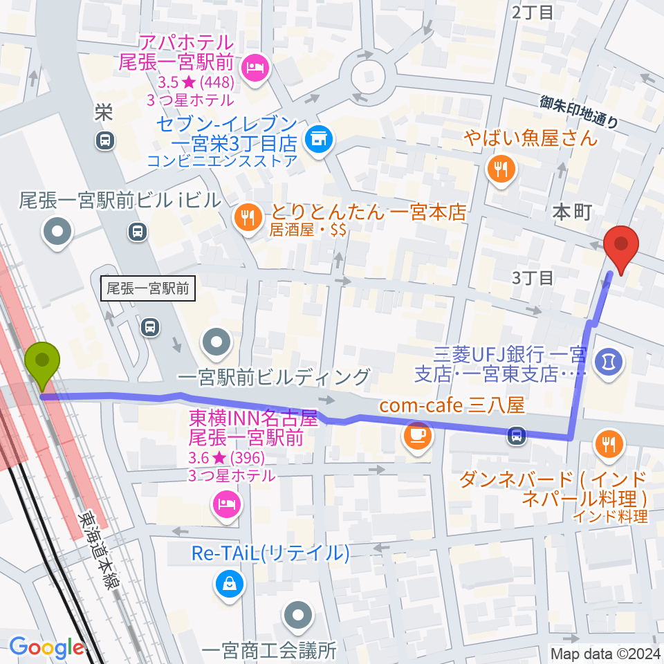 FMいちのみやの最寄駅尾張一宮駅からの徒歩ルート（約7分）地図