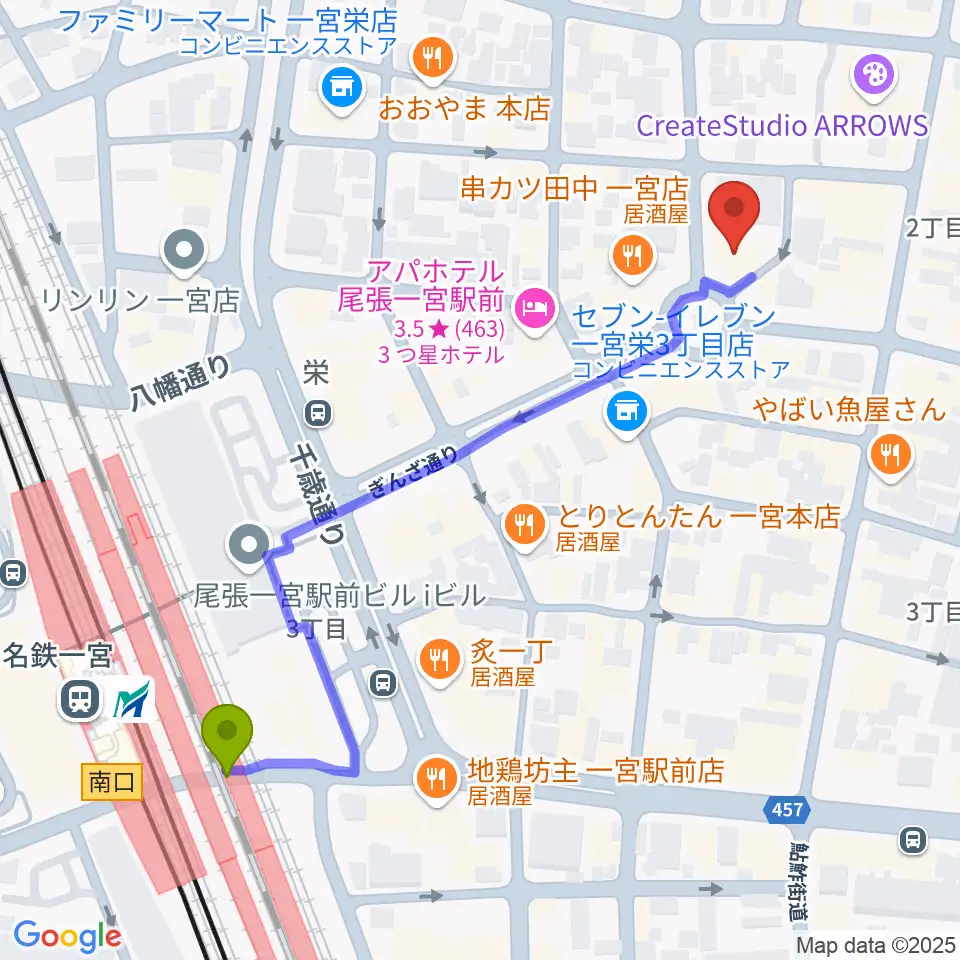 FMいちのみやの最寄駅尾張一宮駅からの徒歩ルート（約6分）地図