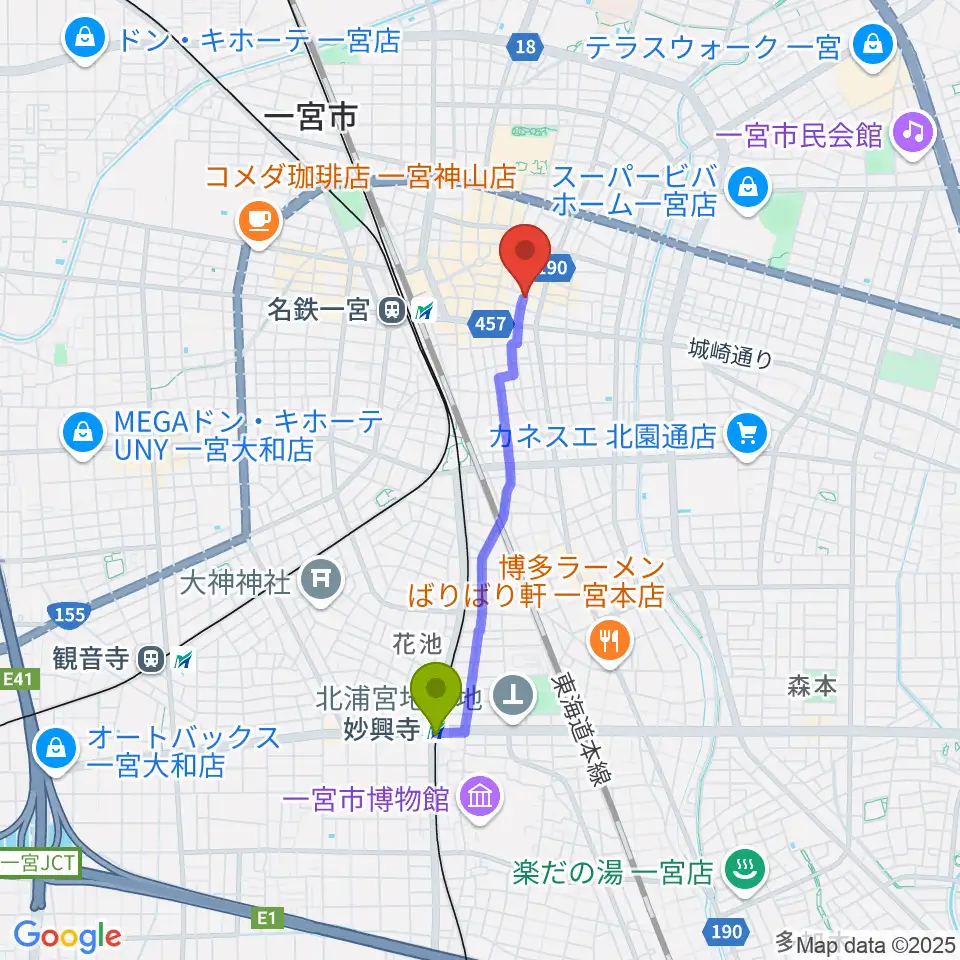 妙興寺駅からFMいちのみやへのルートマップ地図