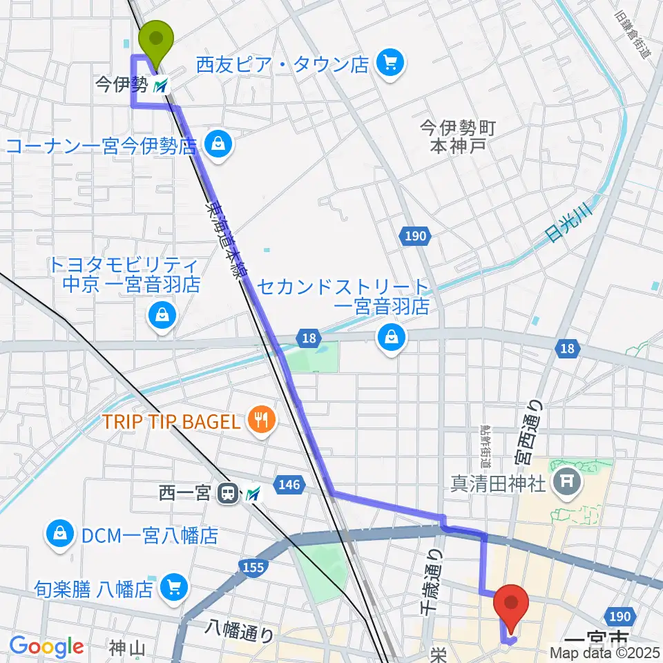 今伊勢駅からFMいちのみやへのルートマップ地図