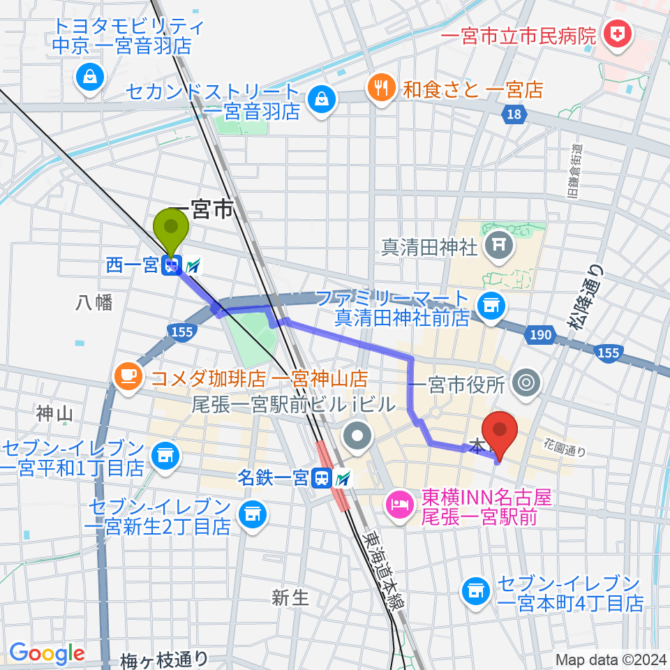 西一宮駅からFMいちのみやへのルートマップ地図