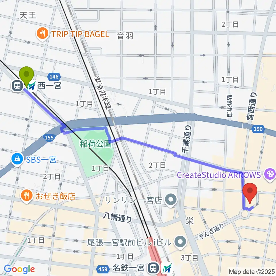 西一宮駅からFMいちのみやへのルートマップ地図