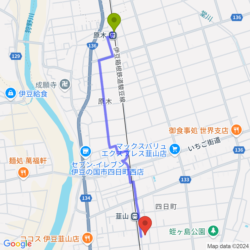 原木駅からFMいずのくにへのルートマップ地図