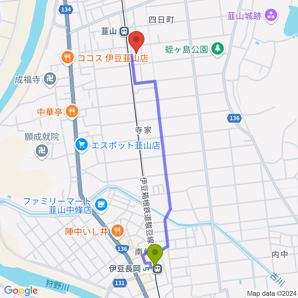 伊豆長岡駅からFMいずのくにへのルートマップ地図