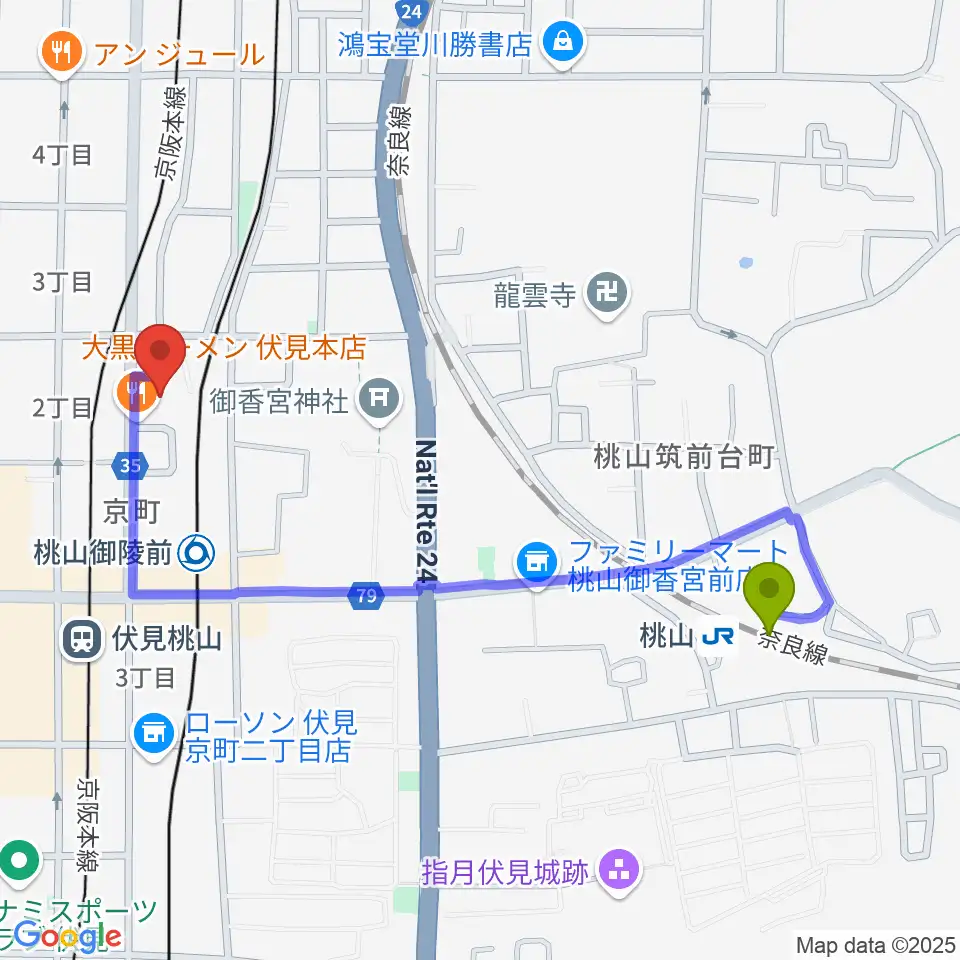 桃山駅から京都リビングエフエム FM845へのルートマップ地図