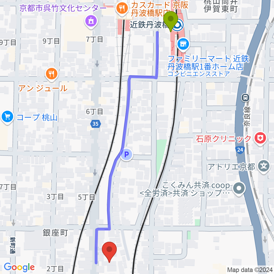 近鉄丹波橋駅からFM845へのルートマップ地図