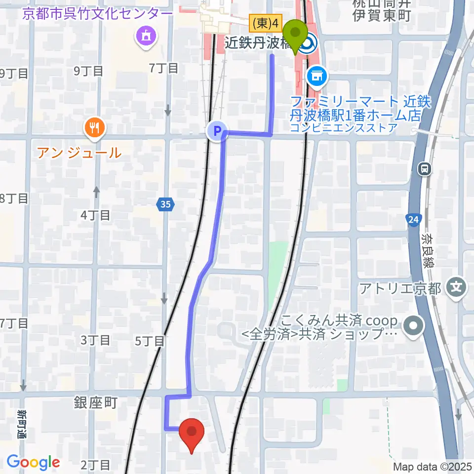 近鉄丹波橋駅から京都リビングエフエム FM845へのルートマップ地図