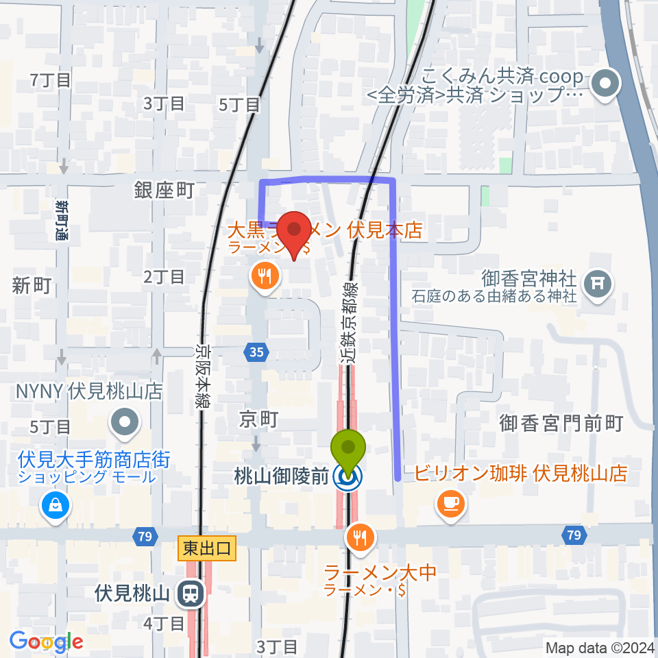 FM845の最寄駅桃山御陵前駅からの徒歩ルート（約3分）地図