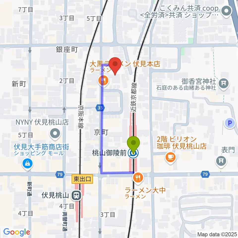 京都リビングエフエム FM845の最寄駅桃山御陵前駅からの徒歩ルート（約3分）地図