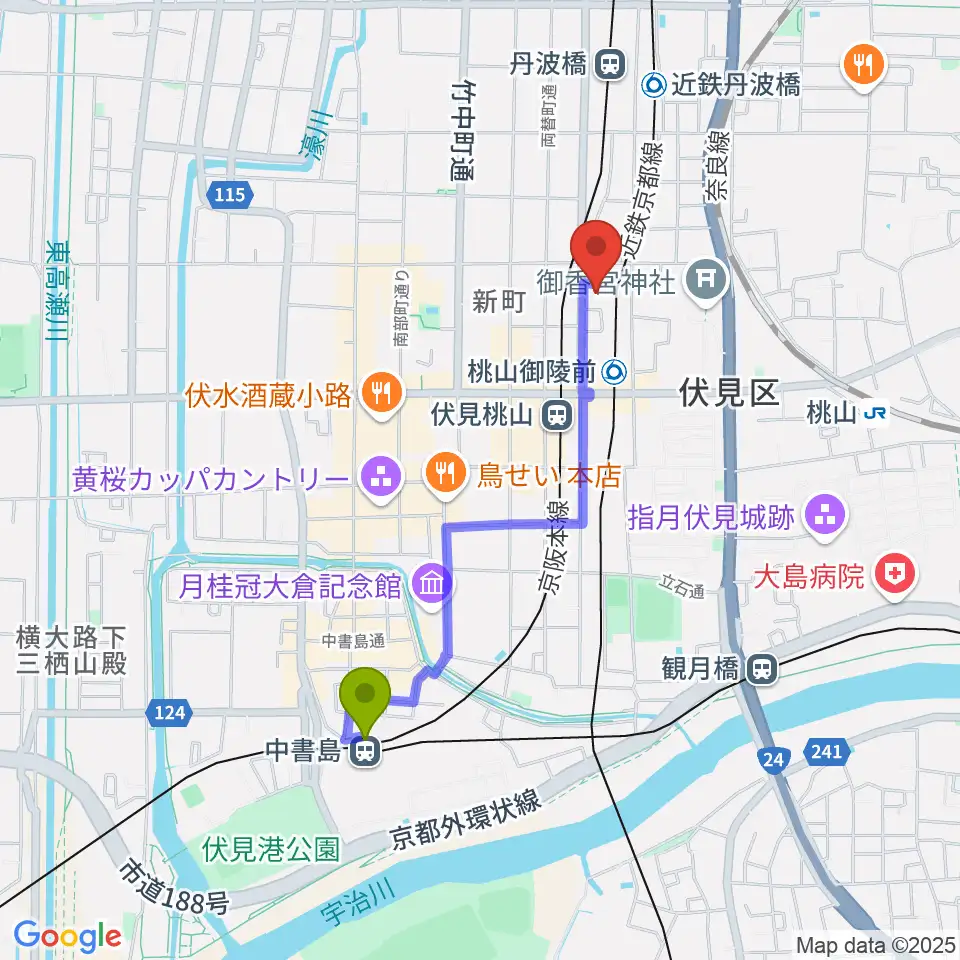 中書島駅から京都リビングエフエム FM845へのルートマップ地図