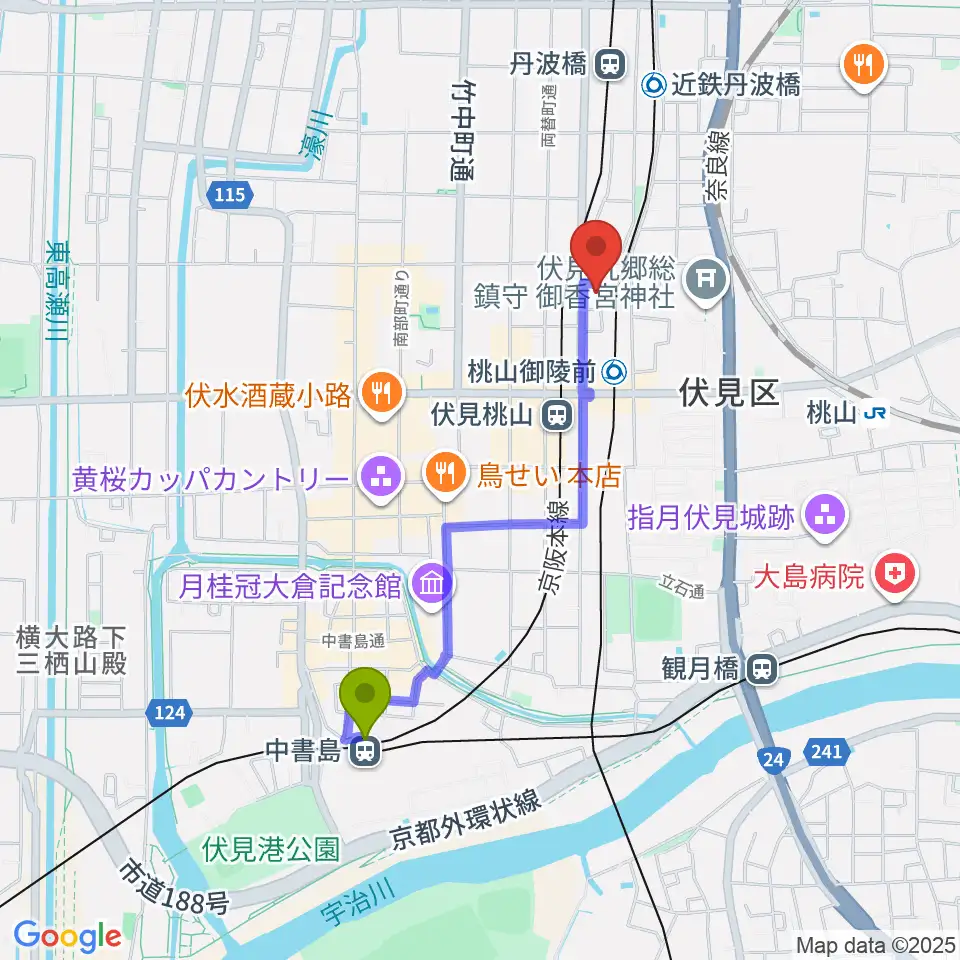 中書島駅から京都リビングエフエム FM845へのルートマップ地図