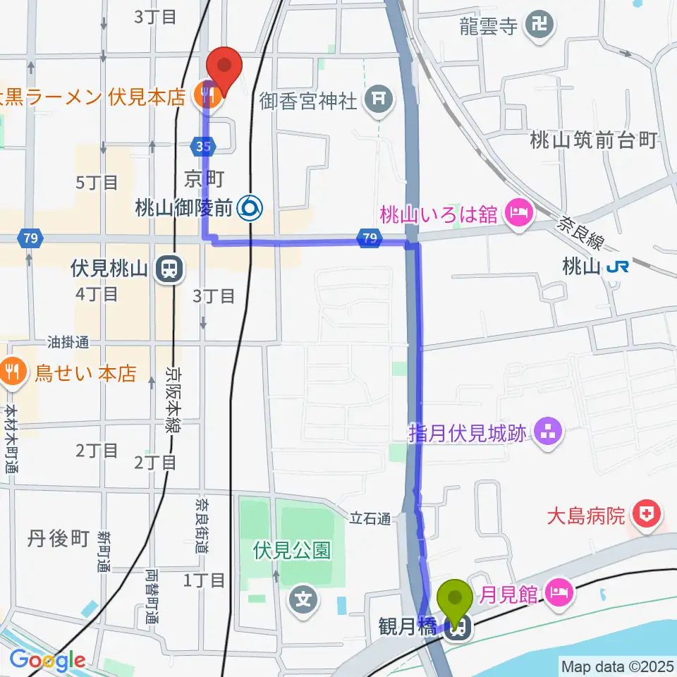 観月橋駅から京都リビングエフエム FM845へのルートマップ地図