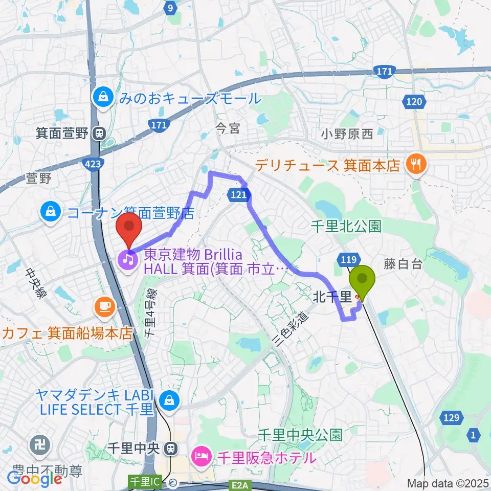 北千里駅からタッキー816 みのおエフエムへのルートマップ地図