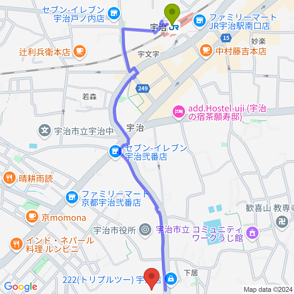 FMうじの最寄駅宇治駅からの徒歩ルート（約14分）地図