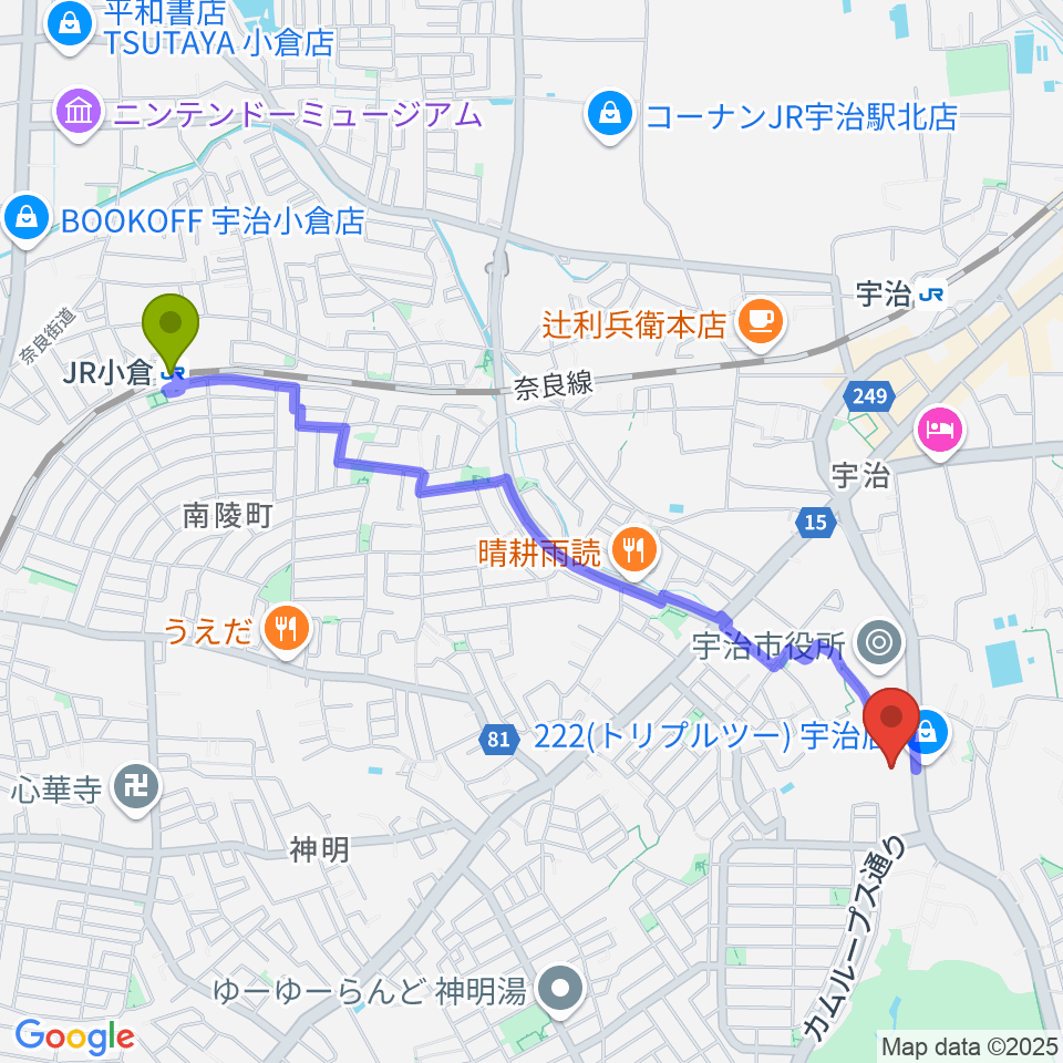 ＪＲ小倉駅からFMうじへのルートマップ地図