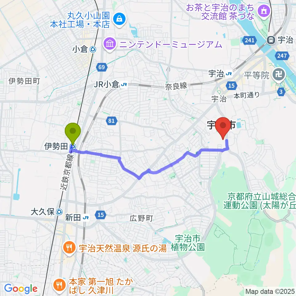 伊勢田駅からFMうじへのルートマップ地図