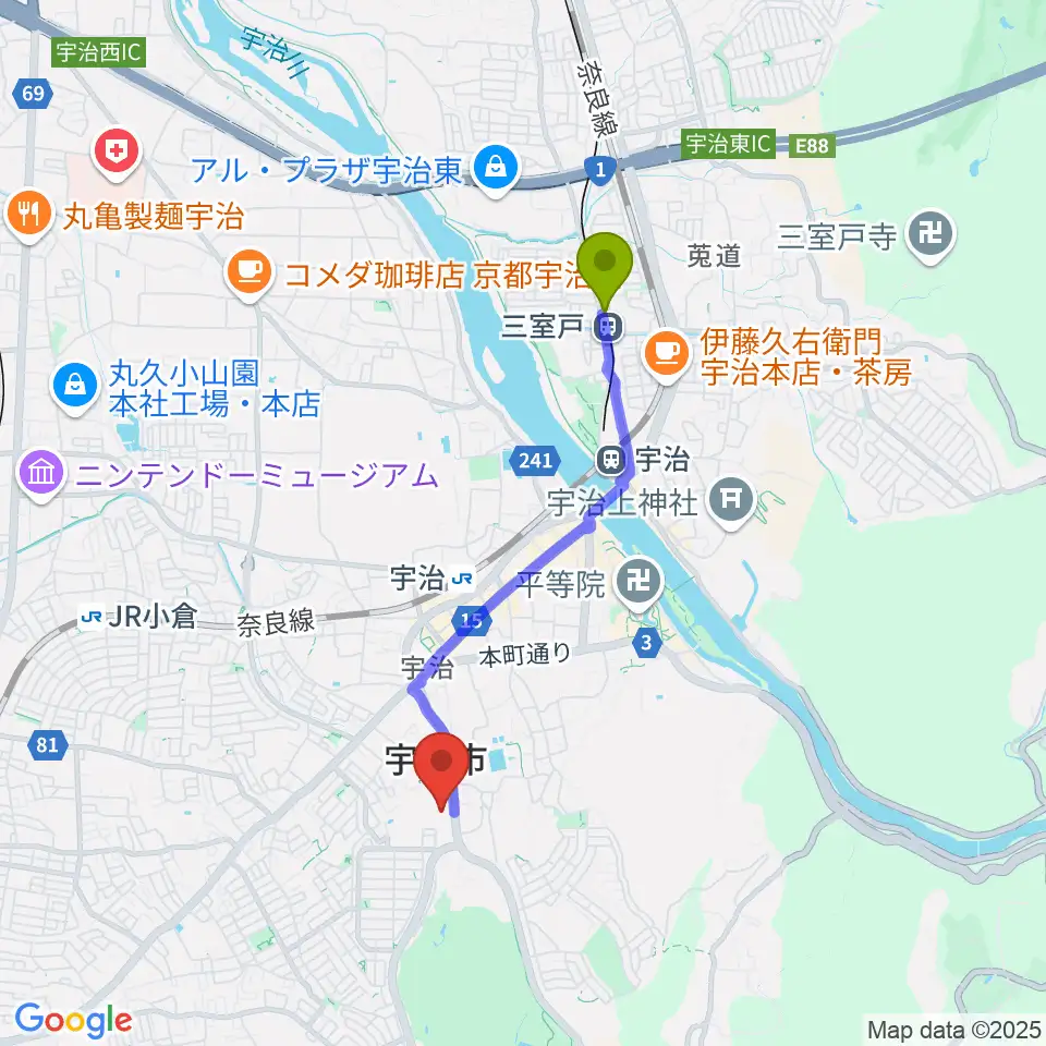 三室戸駅からFMうじへのルートマップ地図